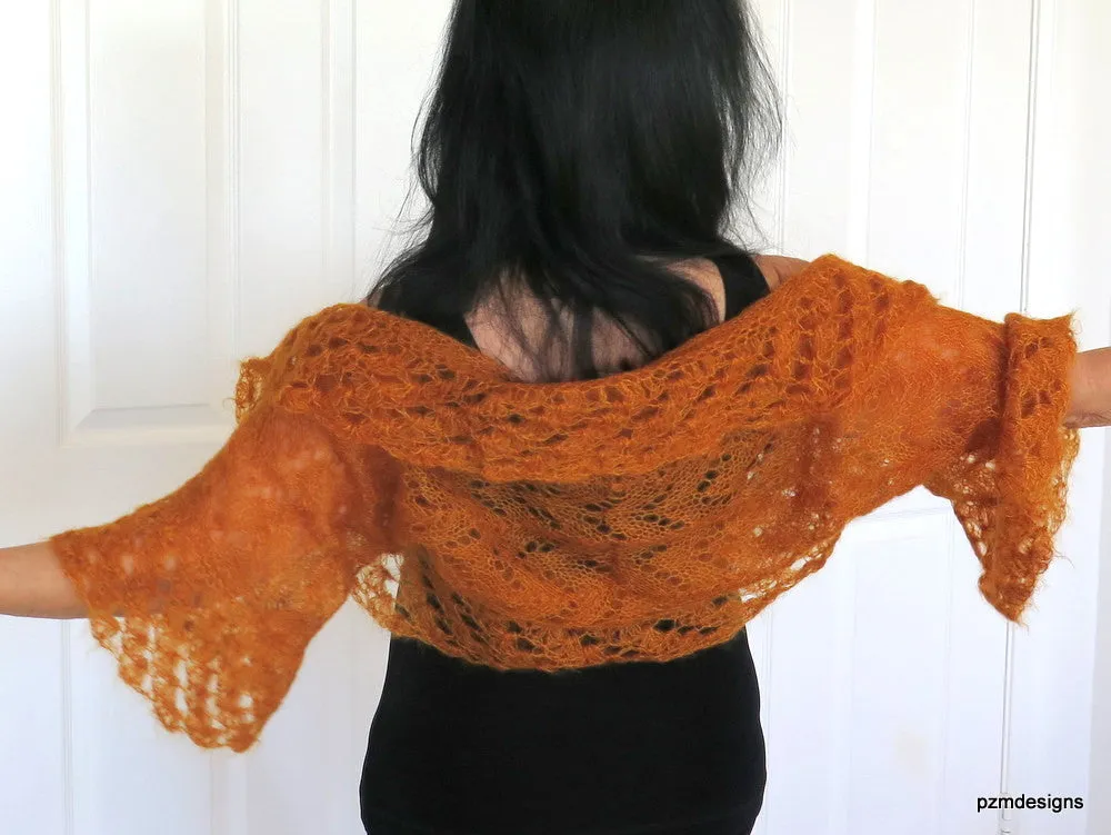 Orange Hand Knit Silk Mohair Sweater Shrug, Luxury Knitwear