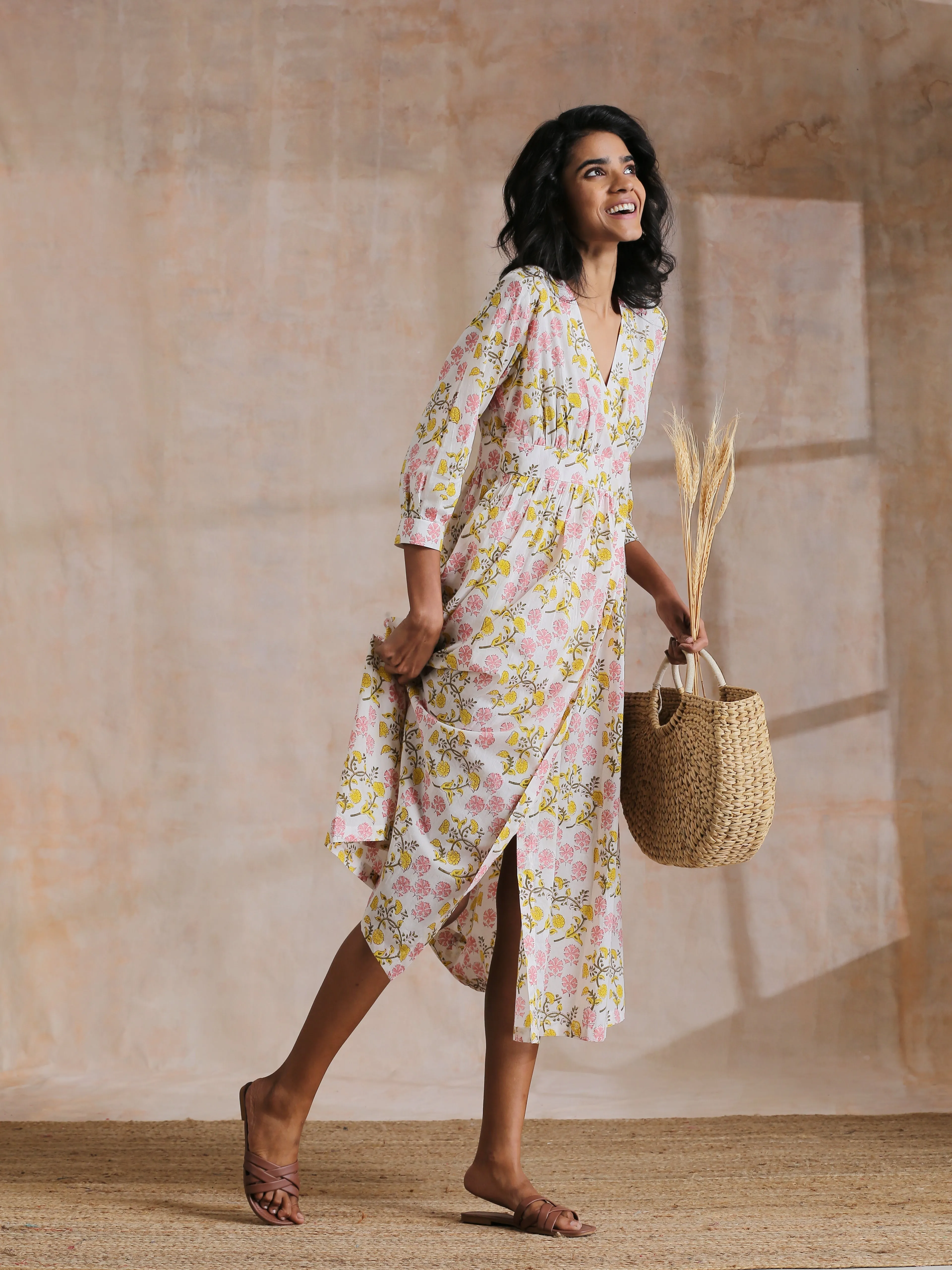 Pink Yellow Floral On White Block Print Cotton Wrap Dress | Relove