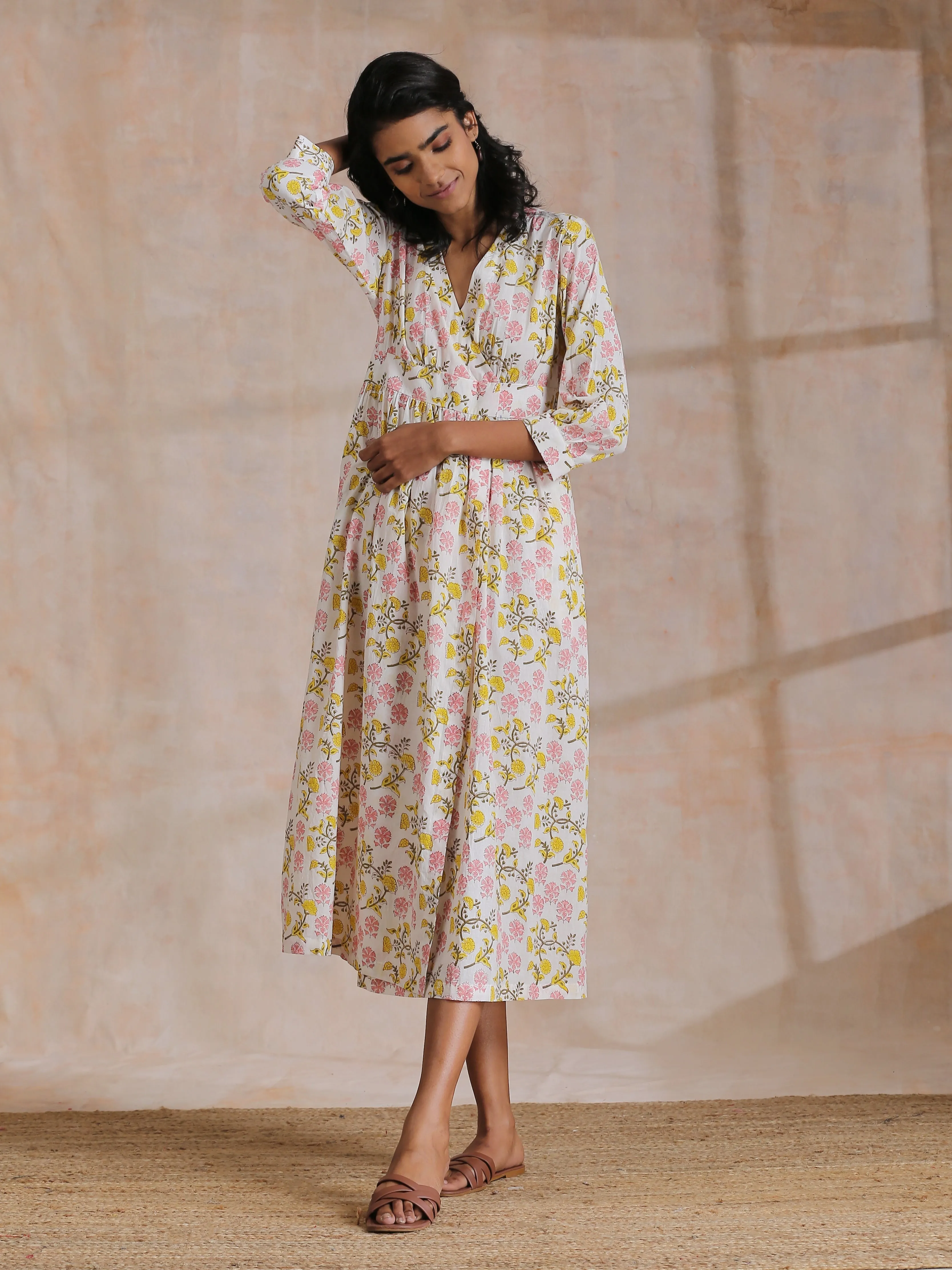 Pink Yellow Floral On White Block Print Cotton Wrap Dress | Relove