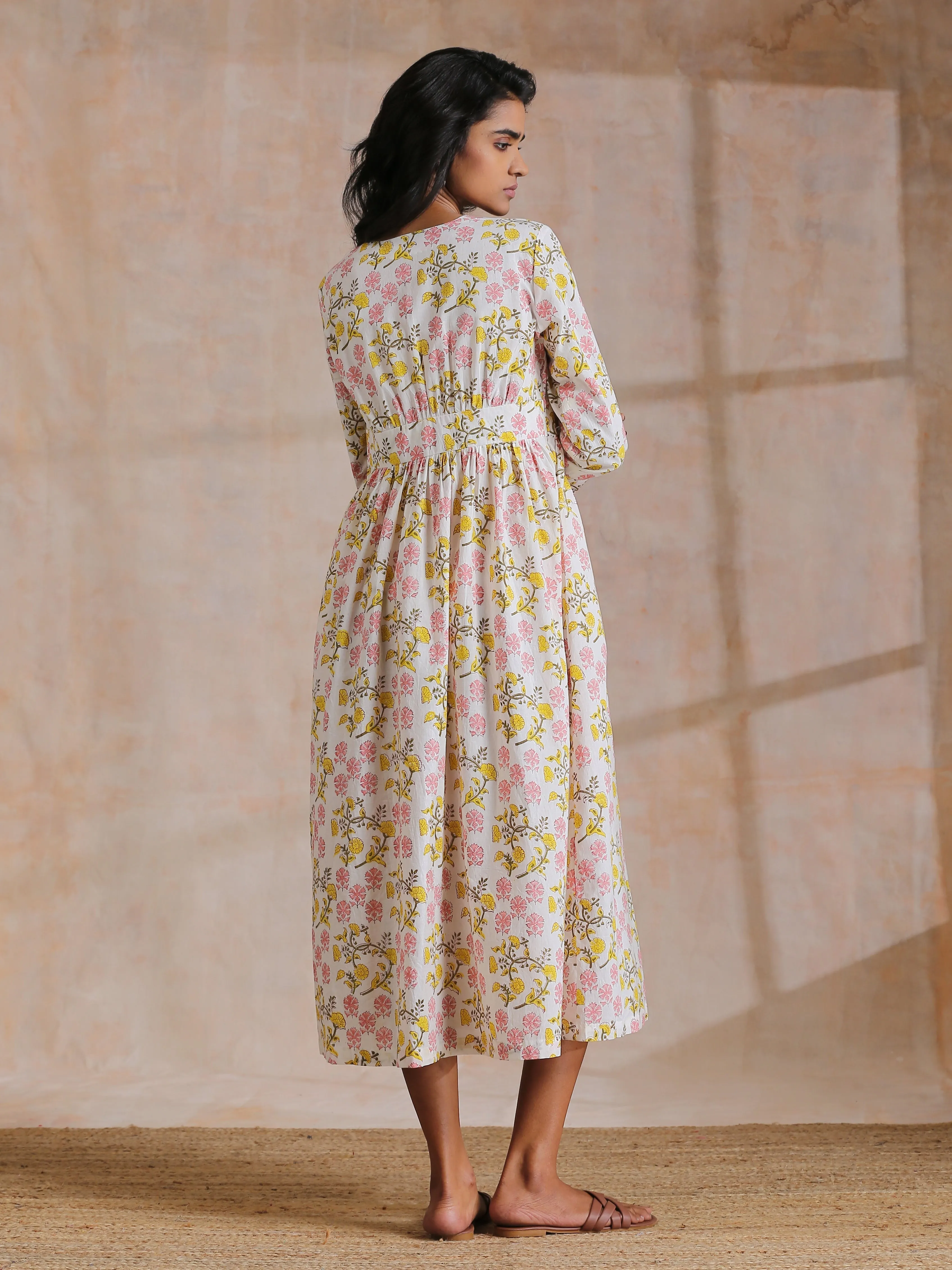 Pink Yellow Floral On White Block Print Cotton Wrap Dress | Relove