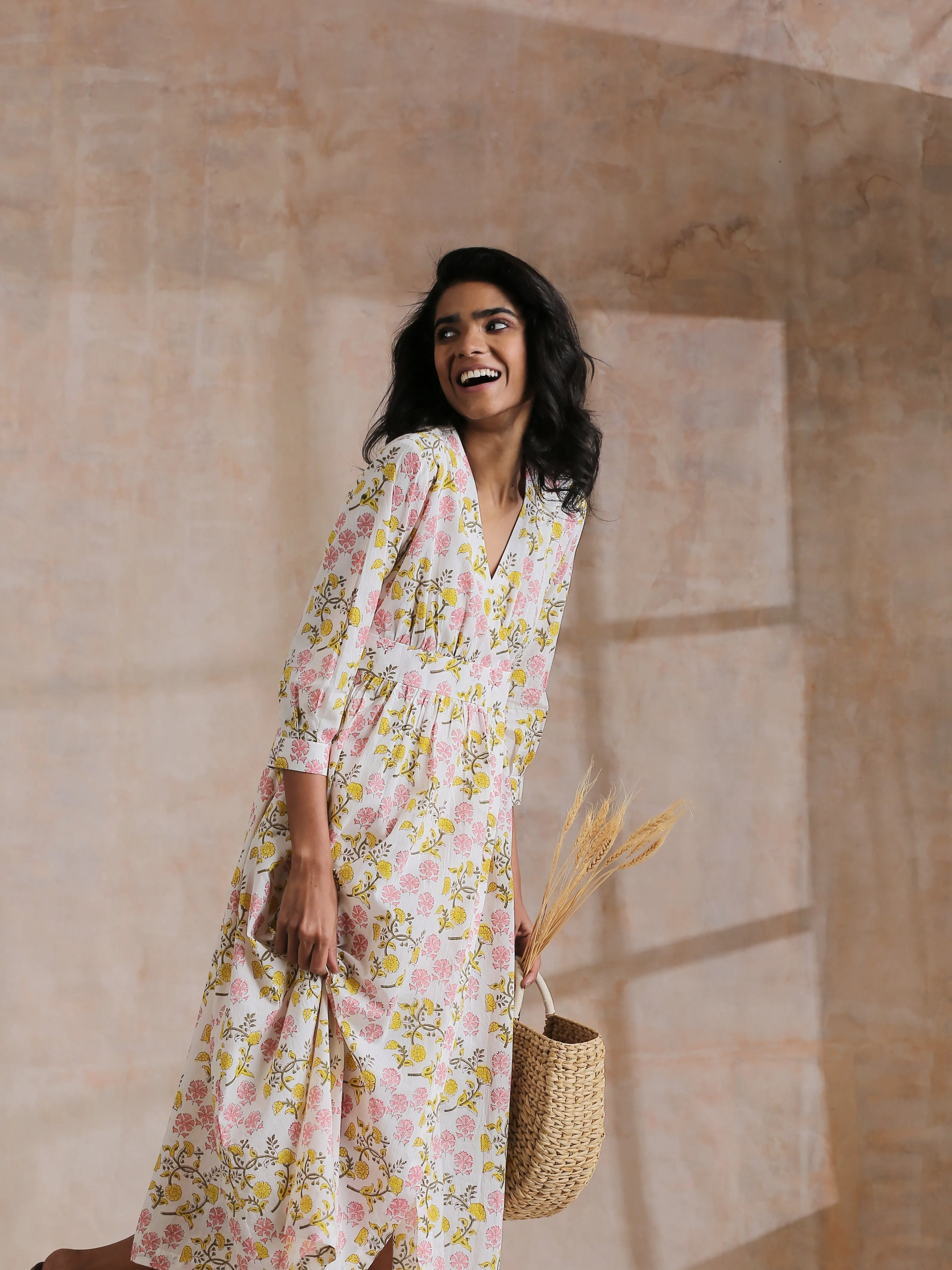 Pink Yellow Floral On White Block Print Cotton Wrap Dress | Relove