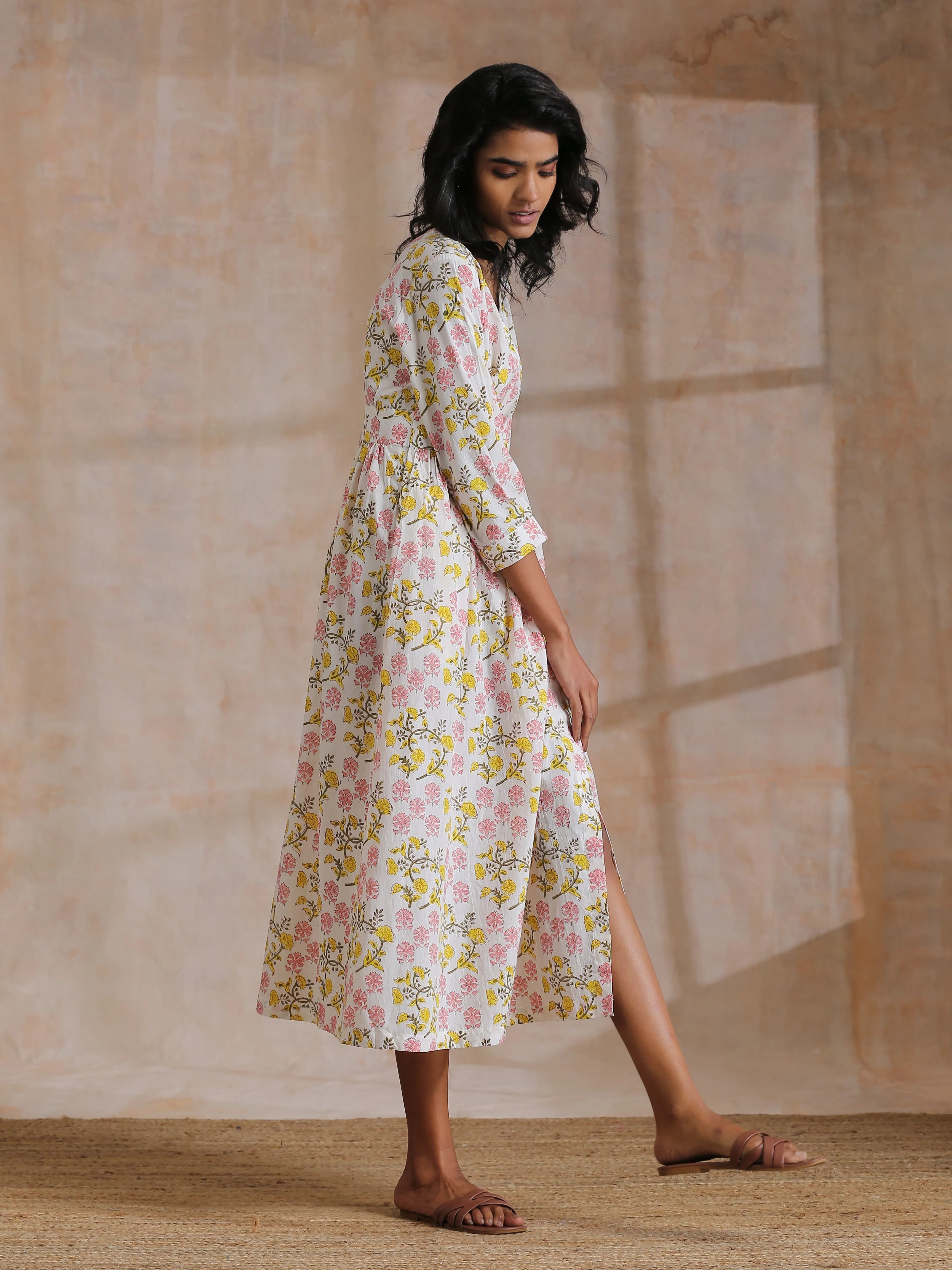Pink Yellow Floral On White Block Print Cotton Wrap Dress | Relove