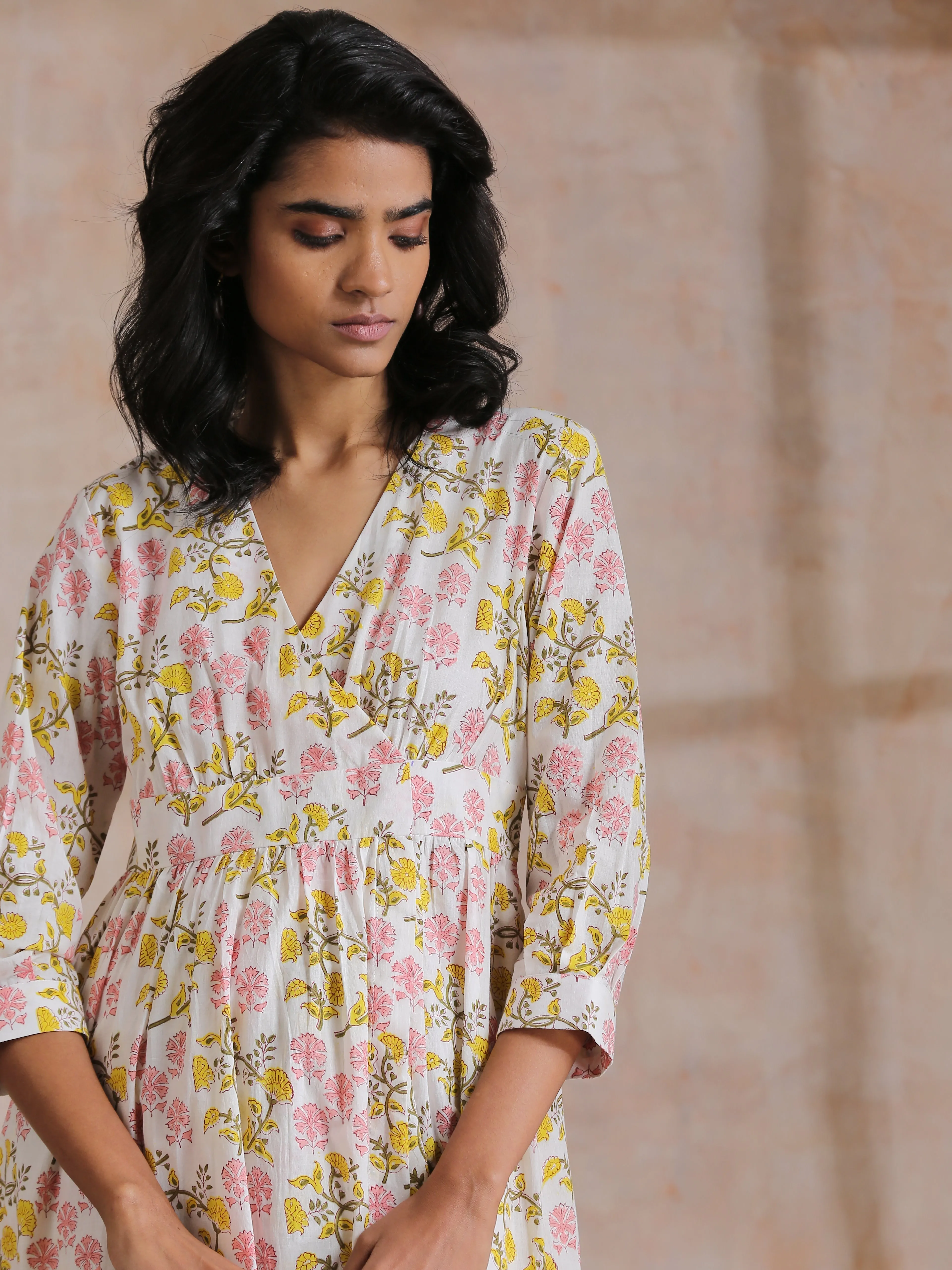 Pink Yellow Floral On White Block Print Cotton Wrap Dress | Relove
