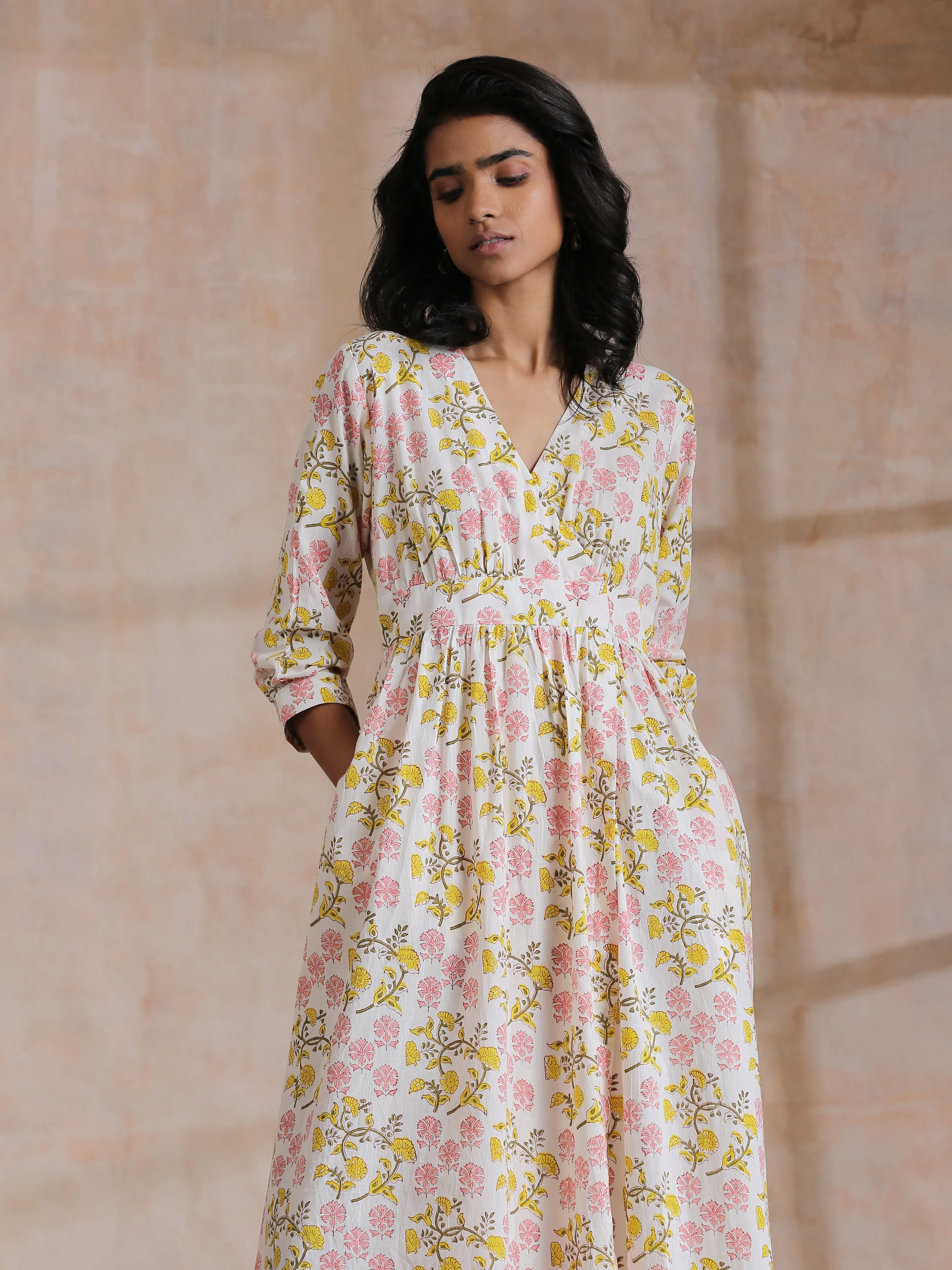Pink Yellow Floral On White Block Print Cotton Wrap Dress | Relove