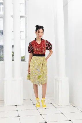 Pre-Order MIX BATIK AND BLACK COTTON - REVERSIBLE WRAP DRESS WITH PUFF SLEEVE AND DETACHABLE COLLAR - MULTI