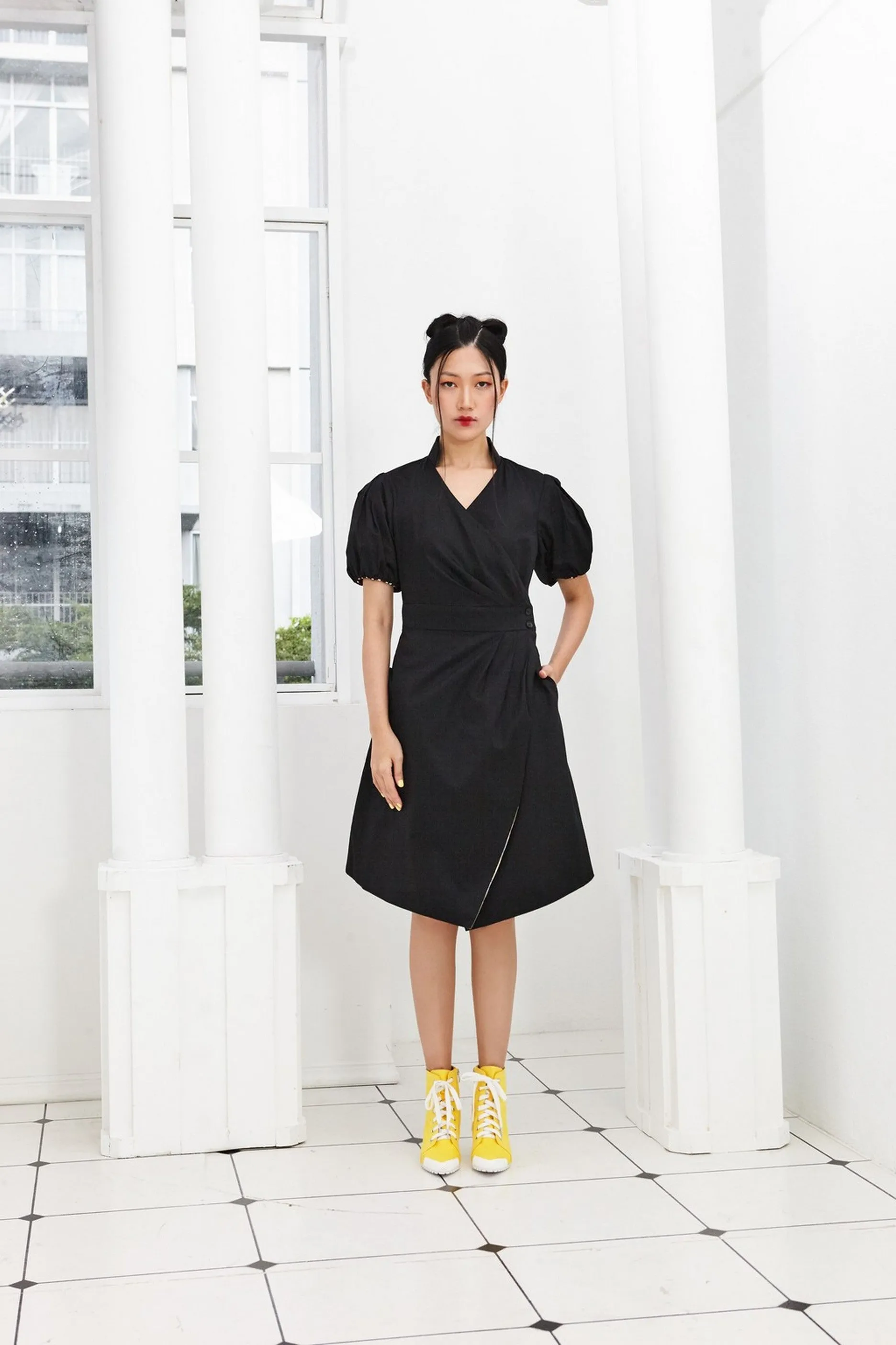 Pre-Order MIX BATIK AND BLACK COTTON - REVERSIBLE WRAP DRESS WITH PUFF SLEEVE AND DETACHABLE COLLAR - MULTI
