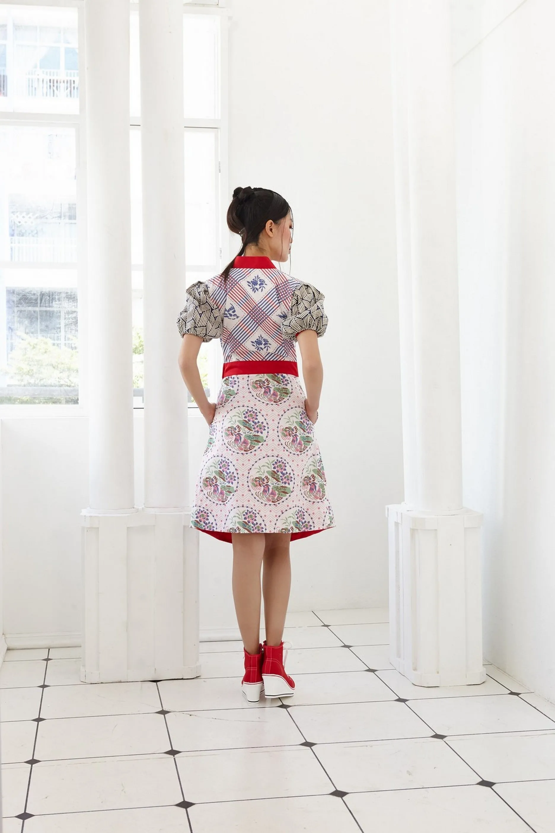 Pre-Order MIX BATIK, YUANYANG PRINTED AND RED COTTON REVERSIBLE WRAP DRESS WITH PUFF SLEEVES - MULTI