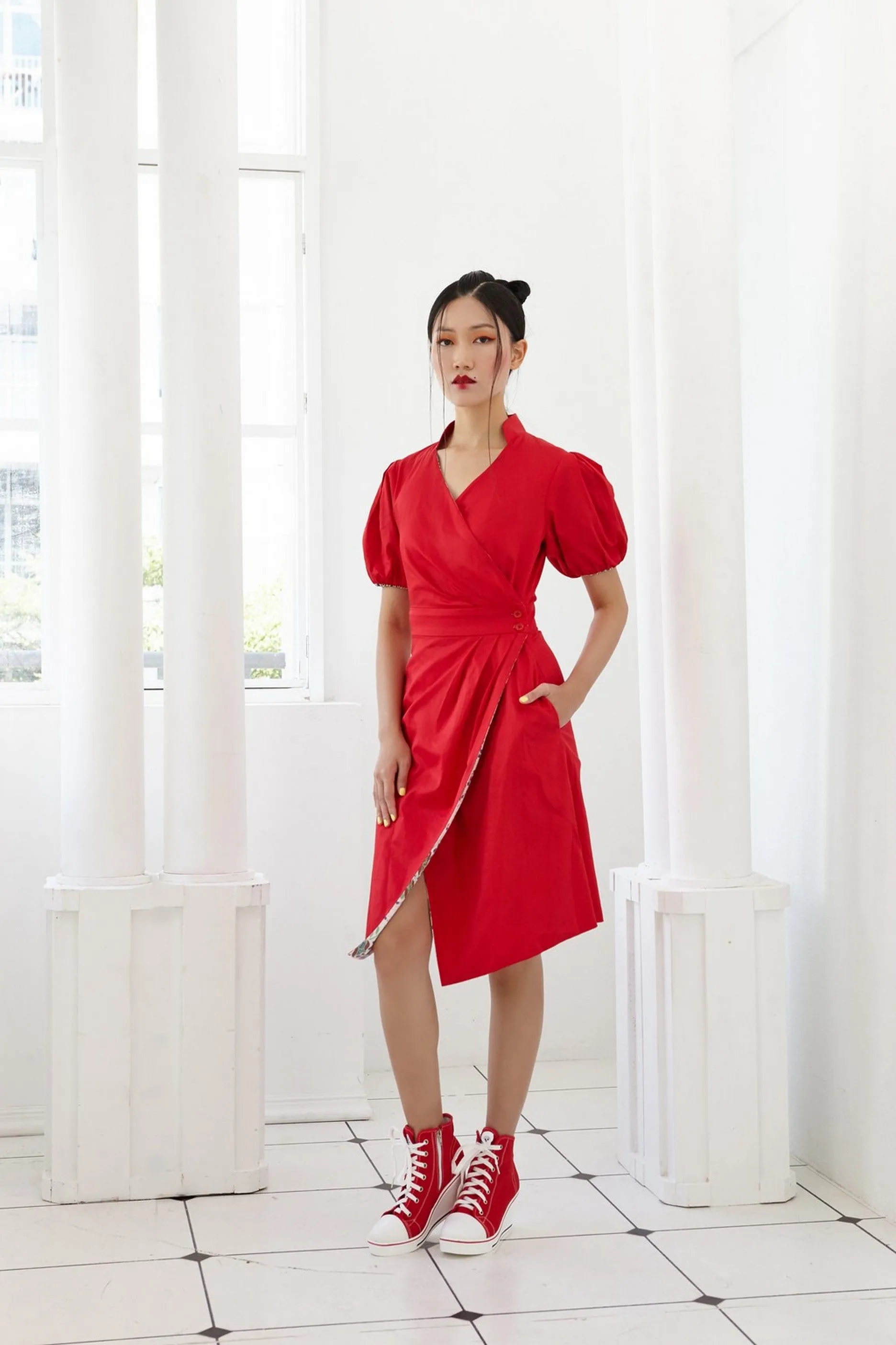 Pre-Order MIX BATIK, YUANYANG PRINTED AND RED COTTON REVERSIBLE WRAP DRESS WITH PUFF SLEEVES - MULTI