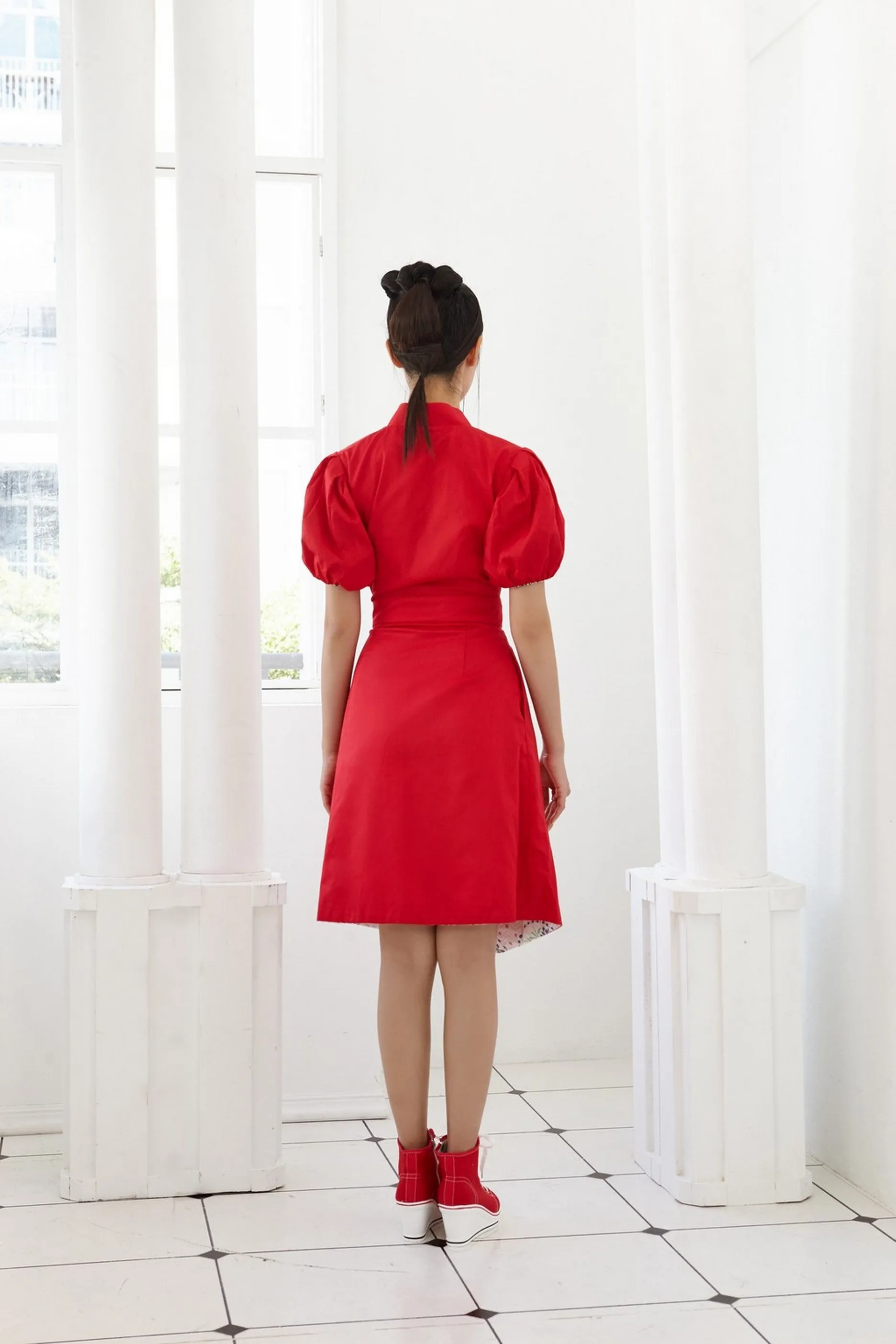 Pre-Order MIX BATIK, YUANYANG PRINTED AND RED COTTON REVERSIBLE WRAP DRESS WITH PUFF SLEEVES - MULTI