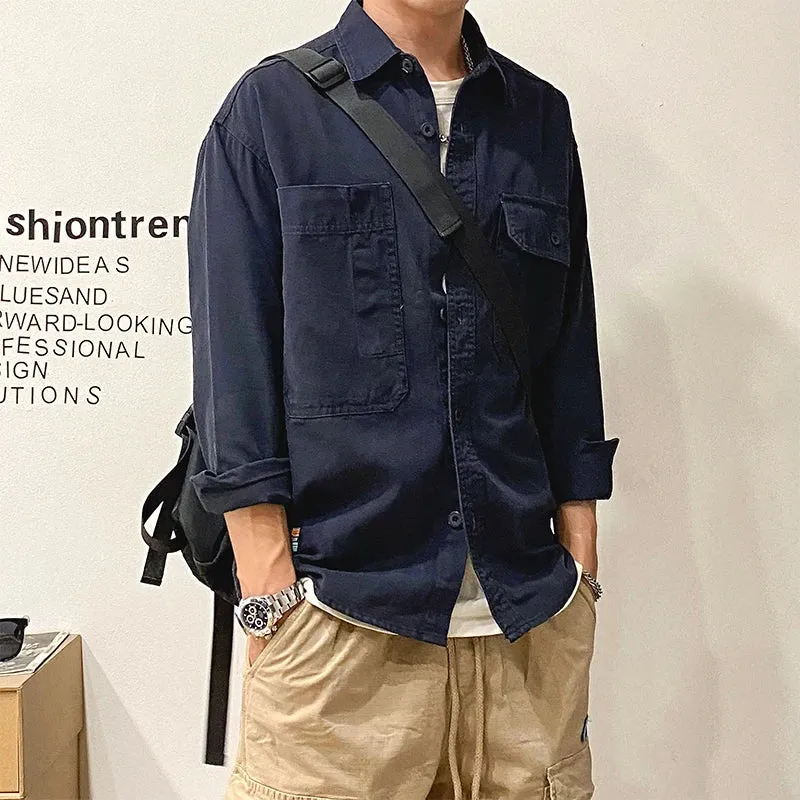 Retro Casual Shirts Men High Quality Cargo Coat - Pure Cotton Long Sleeves