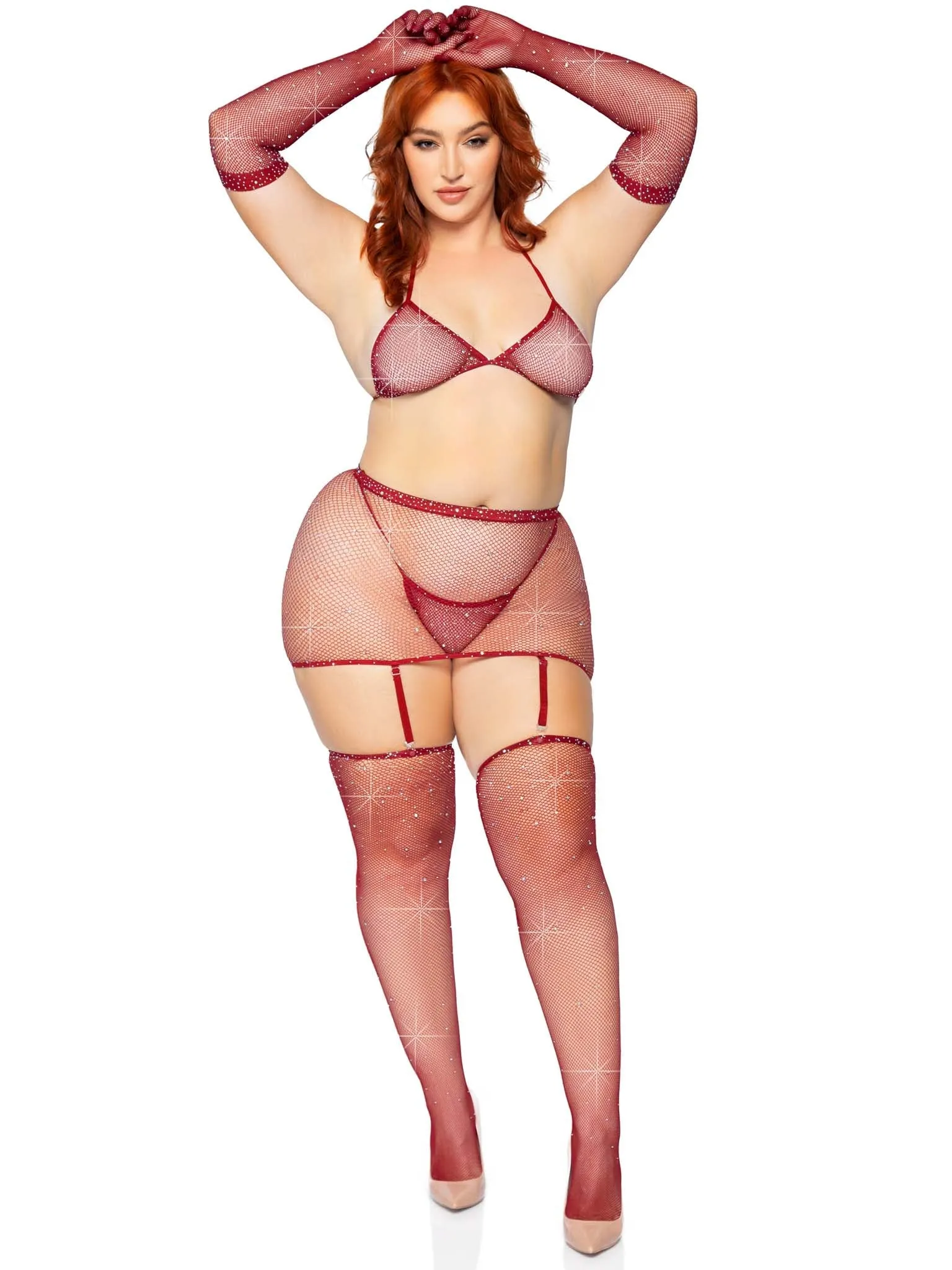 Rhinestone Fishnet 5-Piece Lingerie Set - Multiple Colors Available!