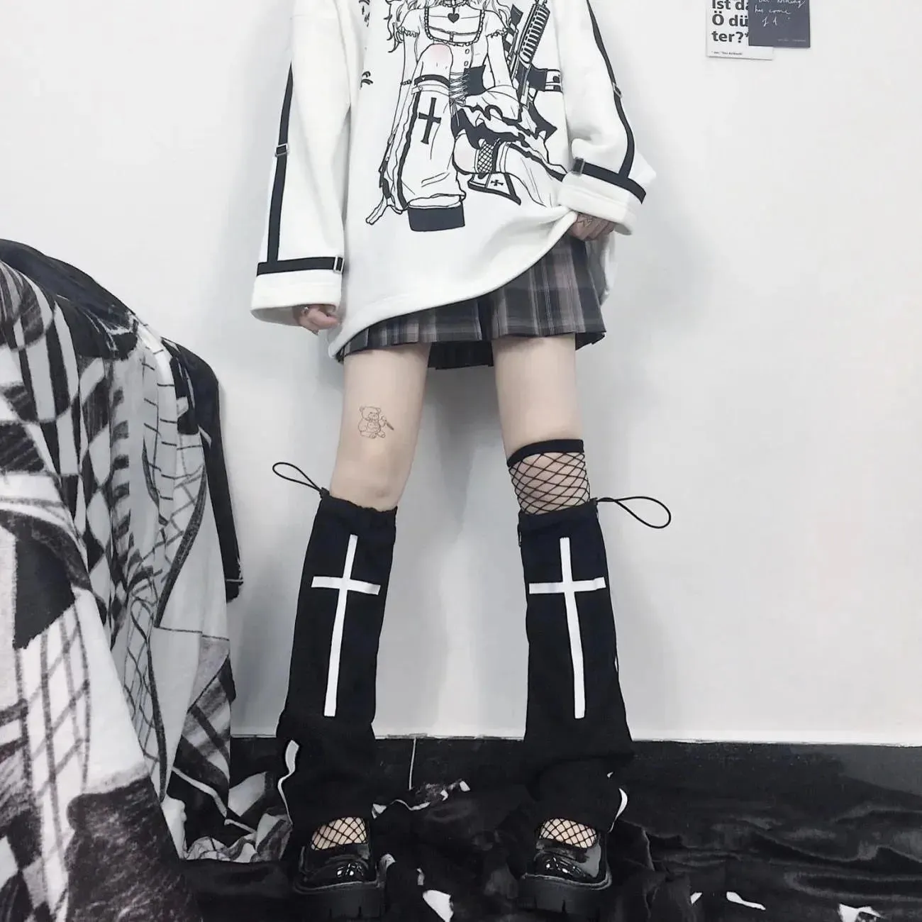 Sohiwoo Leg Warmers Lolita Goth Punk Cross Gothic Harajuku Socks Japanese JK Y2k Accessories Hot Girl Leg Set Black Socks Boot Cuff