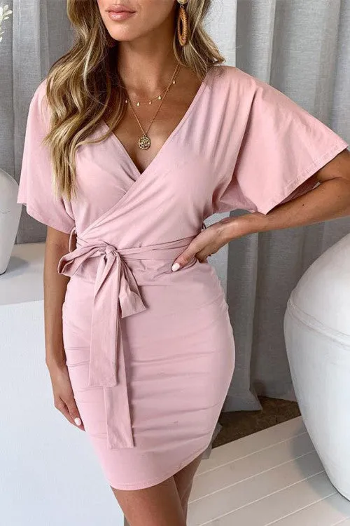 Solid V-neck Belted Wrap Dress