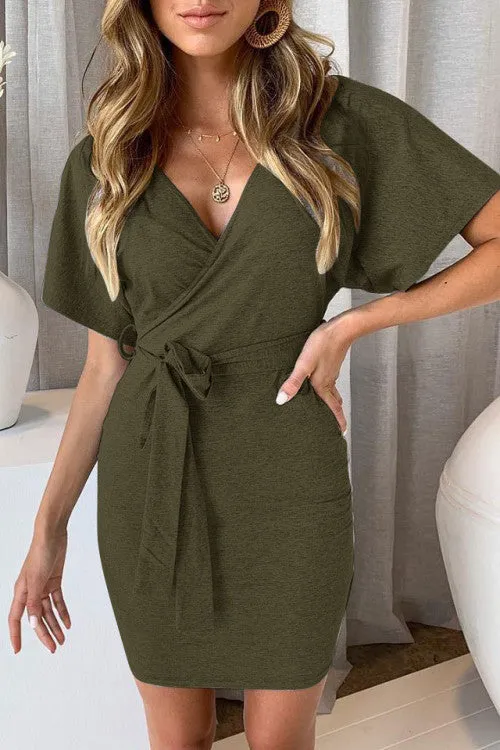 Solid V-neck Belted Wrap Dress