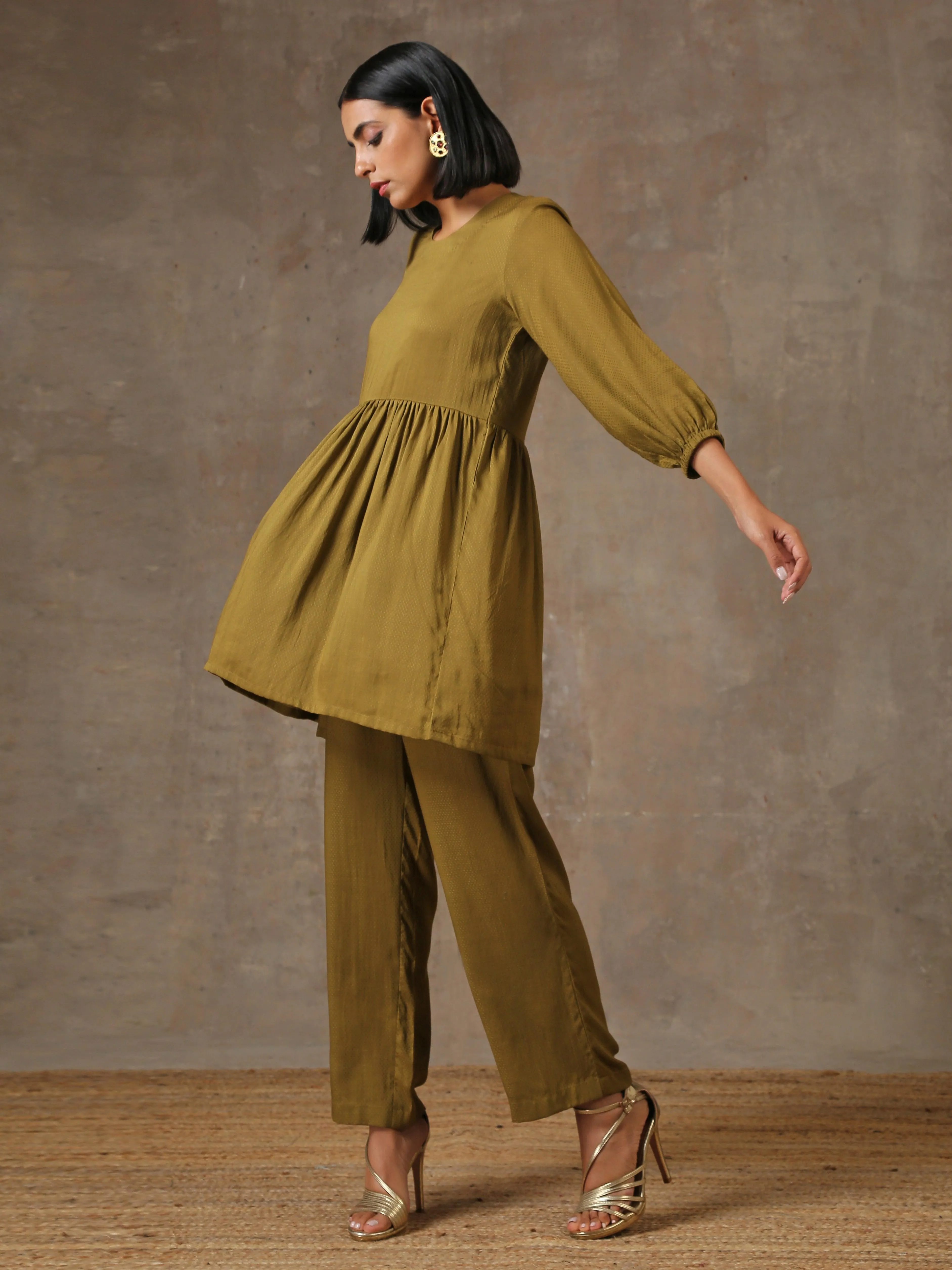 The Queen - Olive Green Solid Gathered Co-Ord Set