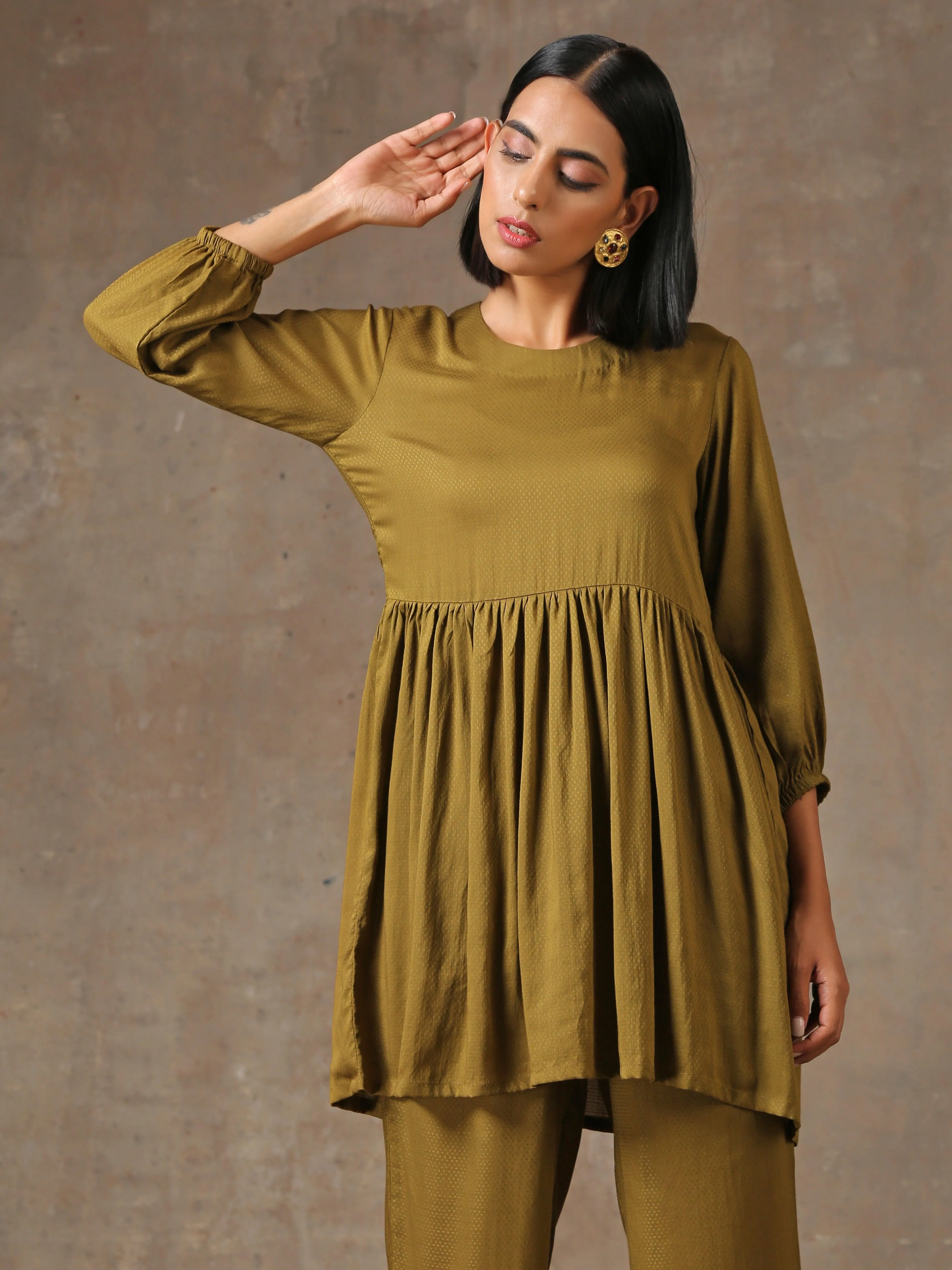 The Queen - Olive Green Solid Gathered Co-Ord Set
