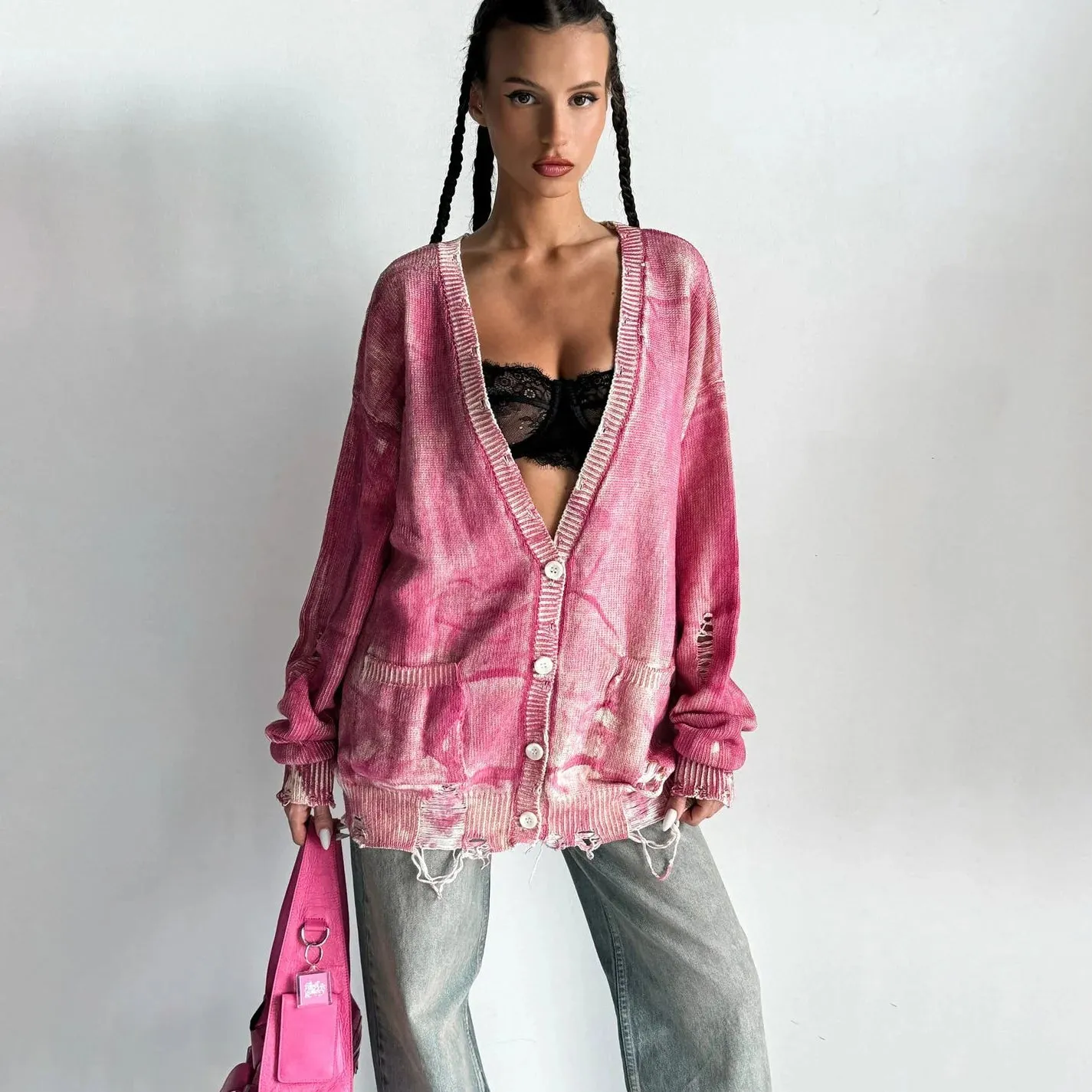Tie-dyed Distressed Cardigan