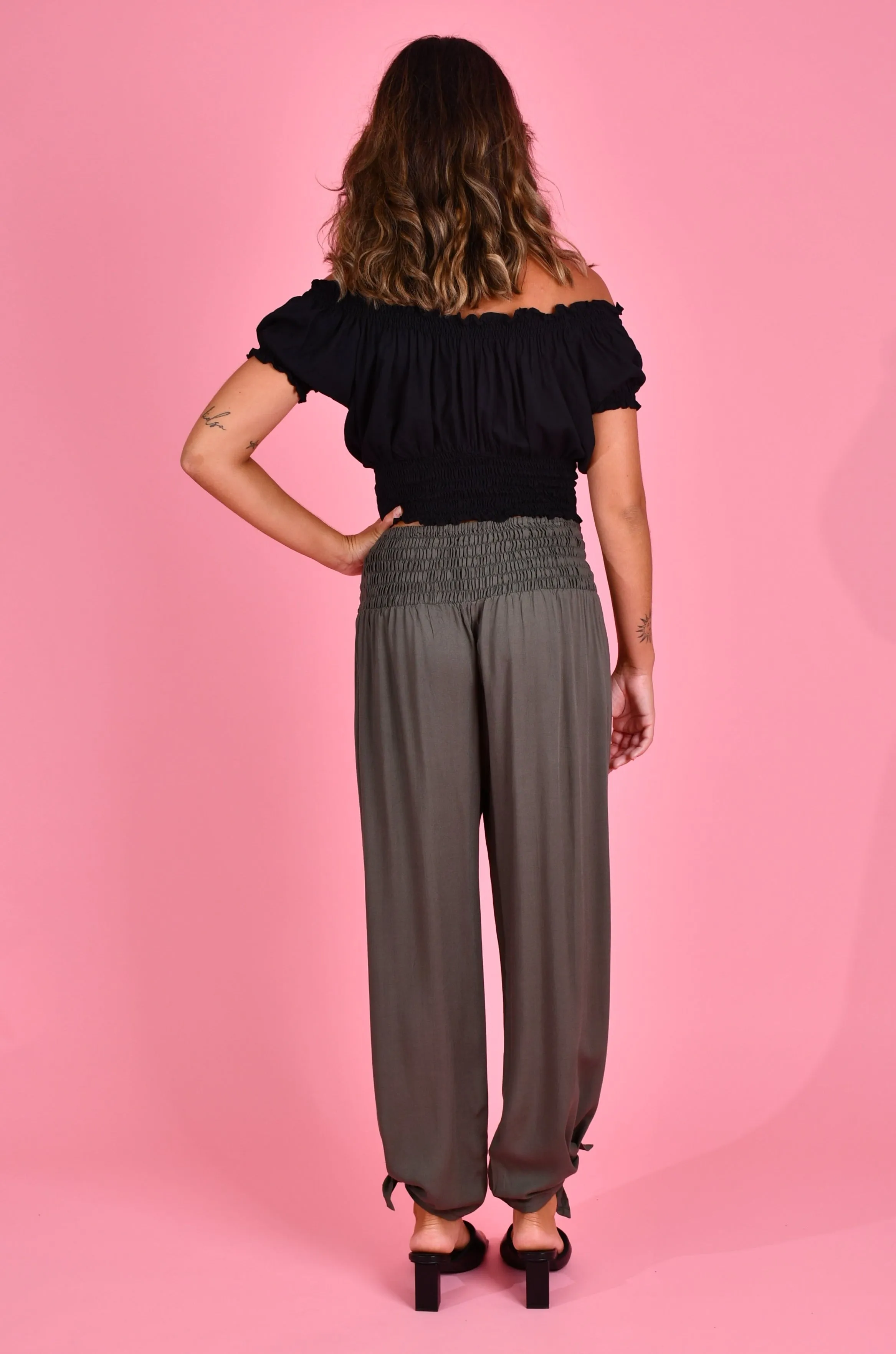 VGLP050 - LONG ROUCHED TIE PANTS - GREY/OLIVE