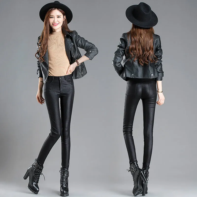 Wjczt Autumn Winter Warm Women&#39;s Pants Dropshipping Female PU Leather Velvet Trousers Elastic Pencil Skinny Pants Women&#39;s Tight Pants