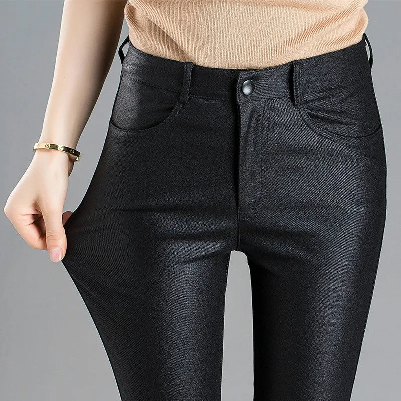 Wjczt Autumn Winter Warm Women&#39;s Pants Dropshipping Female PU Leather Velvet Trousers Elastic Pencil Skinny Pants Women&#39;s Tight Pants