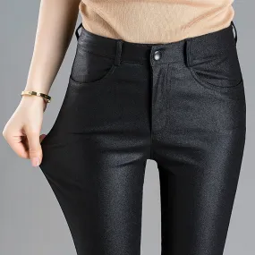 Wjczt Autumn Winter Warm Women&#39;s Pants Dropshipping Female PU Leather Velvet Trousers Elastic Pencil Skinny Pants Women&#39;s Tight Pants