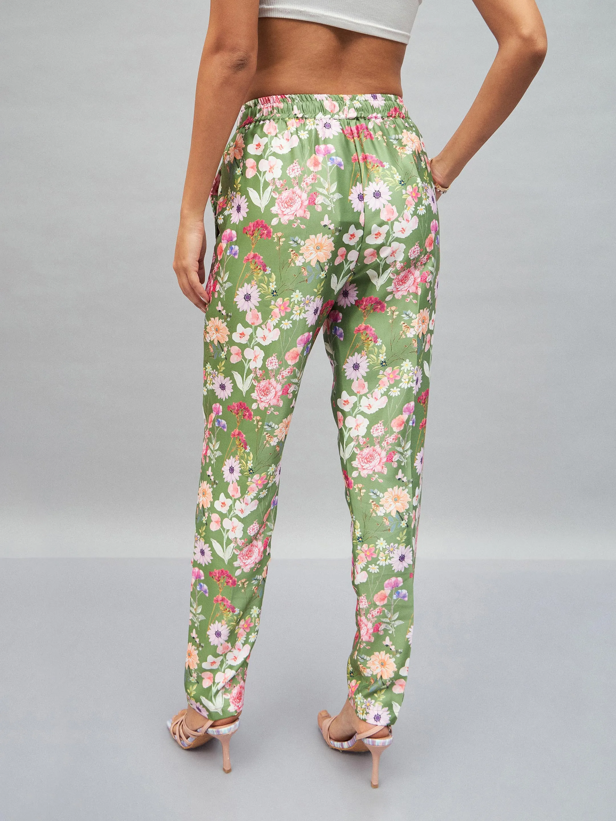 Women Olive Satin Floral Darted Pants