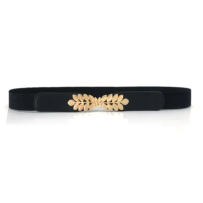 Womens Elegant Solid Color Thin Belts with Golden Leaf Buckle