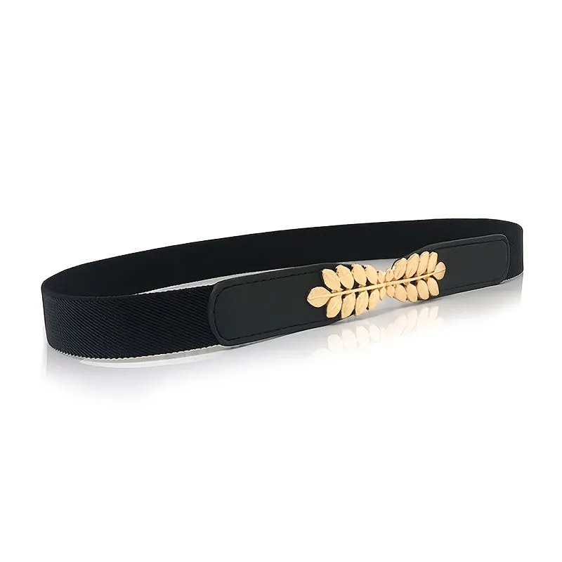 Womens Elegant Solid Color Thin Belts with Golden Leaf Buckle