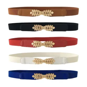 Womens Elegant Solid Color Thin Belts with Golden Leaf Buckle