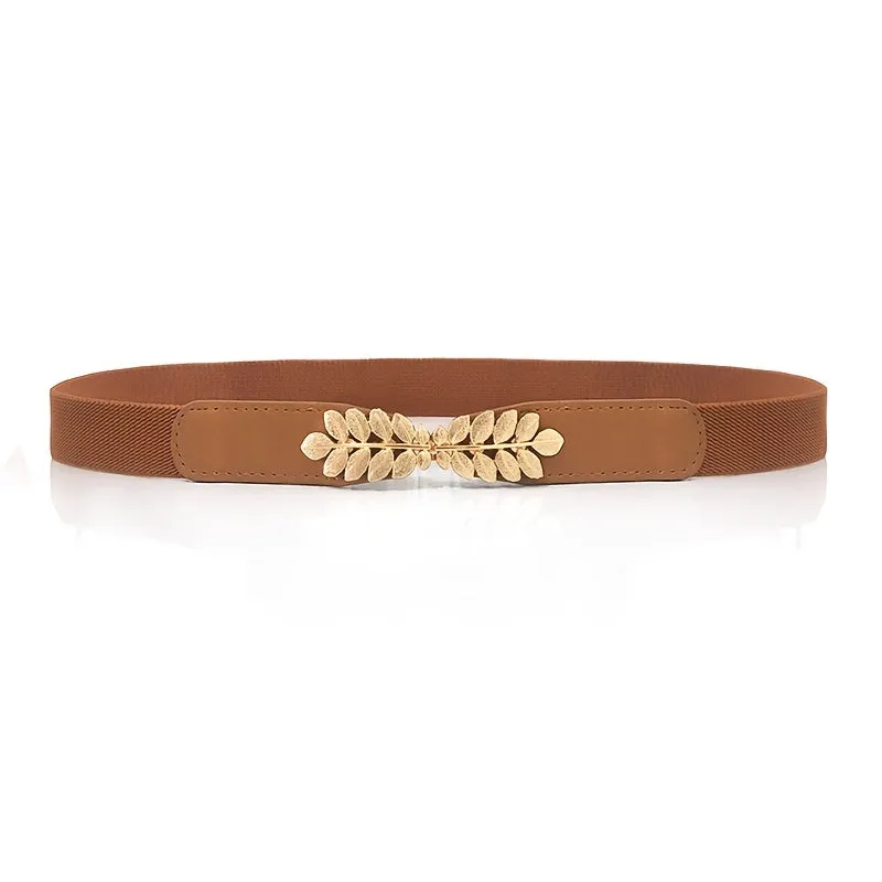 Womens Elegant Solid Color Thin Belts with Golden Leaf Buckle