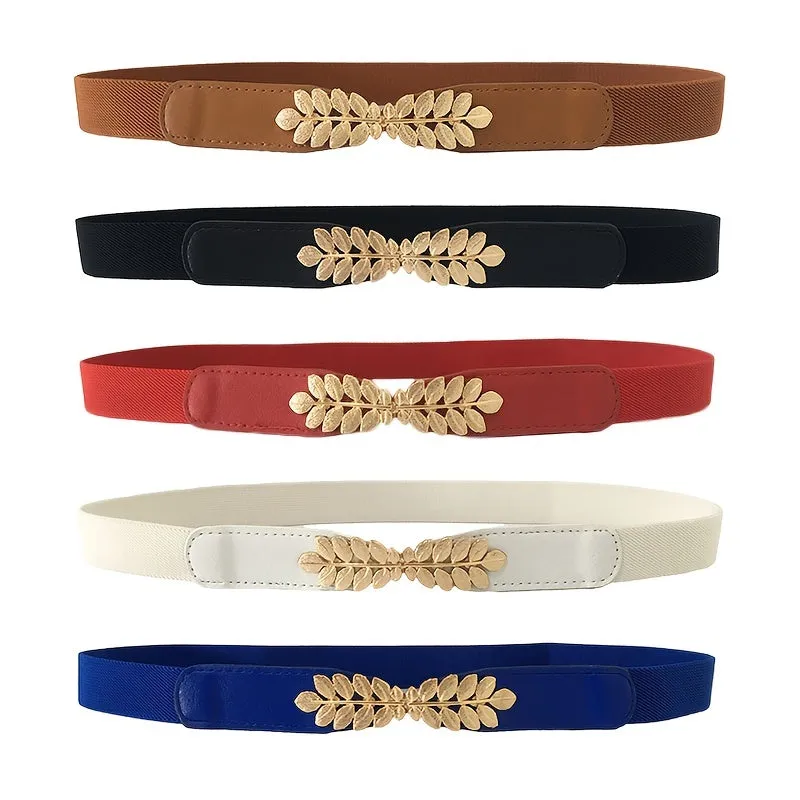 Womens Elegant Solid Color Thin Belts with Golden Leaf Buckle