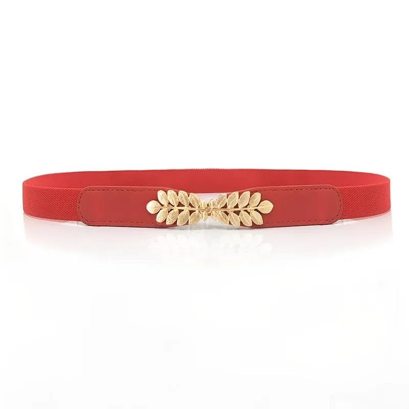 Womens Elegant Solid Color Thin Belts with Golden Leaf Buckle