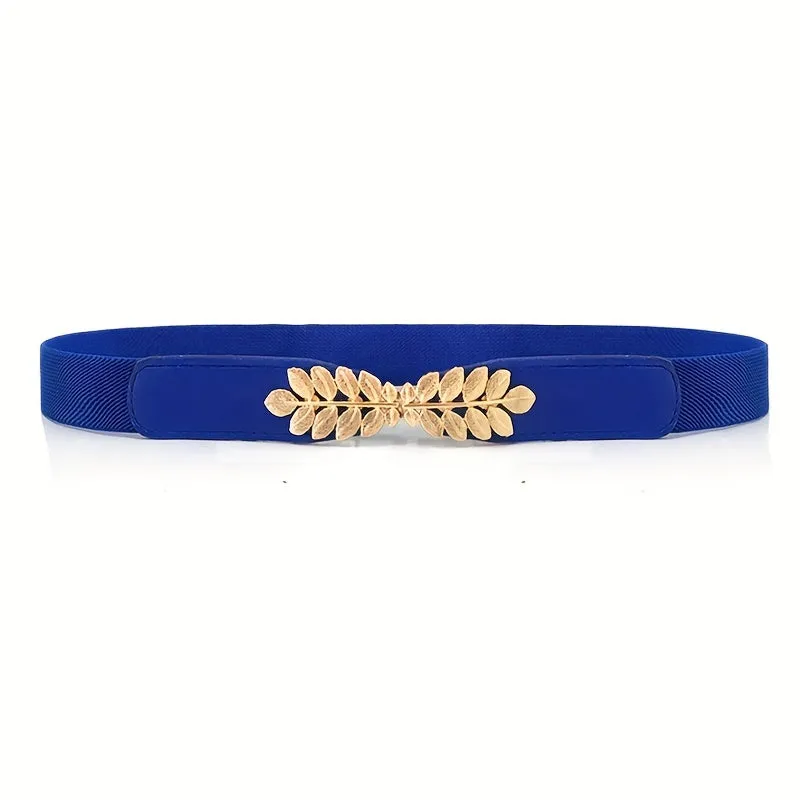 Womens Elegant Solid Color Thin Belts with Golden Leaf Buckle