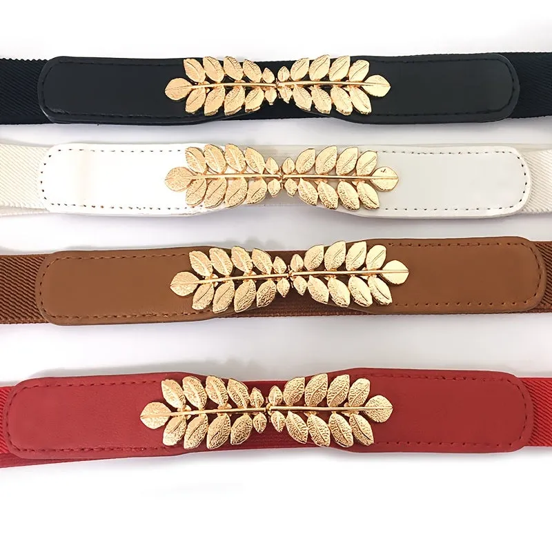 Womens Elegant Solid Color Thin Belts with Golden Leaf Buckle