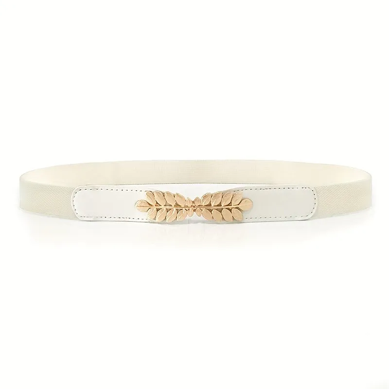 Womens Elegant Solid Color Thin Belts with Golden Leaf Buckle