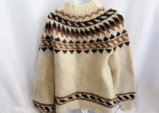 Womens Islenzkur Heimilisionaour ICELAND Wool Knit Sweater Ethnic M Pullover Creme Brown Winter