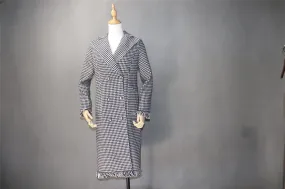 Womens Long Coat CUSTOM MADE Houndstooth Black Checked Wool Blend Tweed