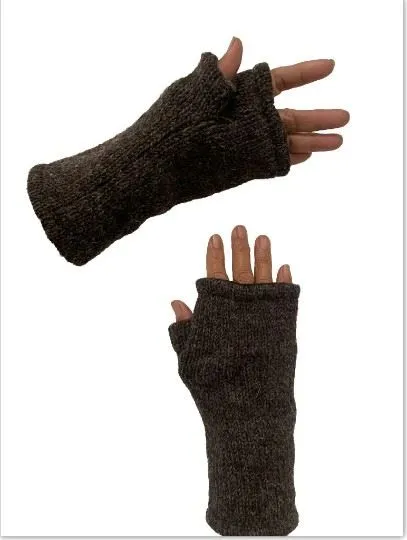 Wool Knit Fleece Lined  Wrist Warmers - Plain Mottled Brown