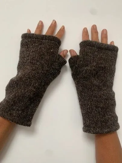 Wool Knit Fleece Lined  Wrist Warmers - Plain Mottled Brown