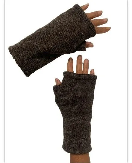 Wool Knit Fleece Lined  Wrist Warmers - Plain Mottled Brown