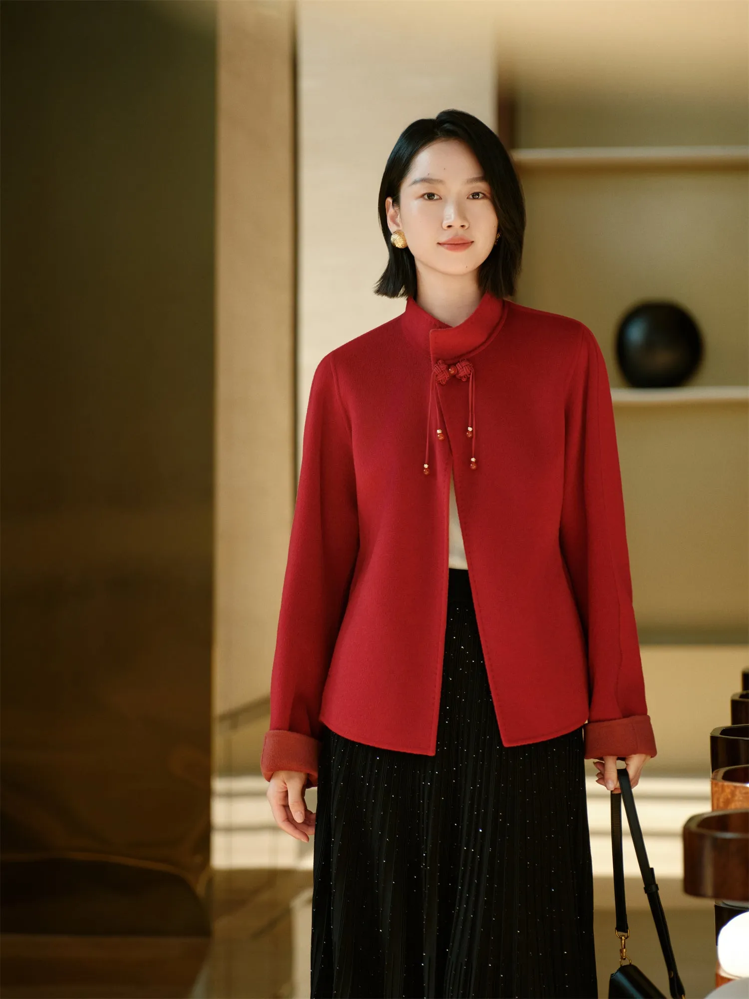 YAYING Stand Collar Frog Button Short Coat