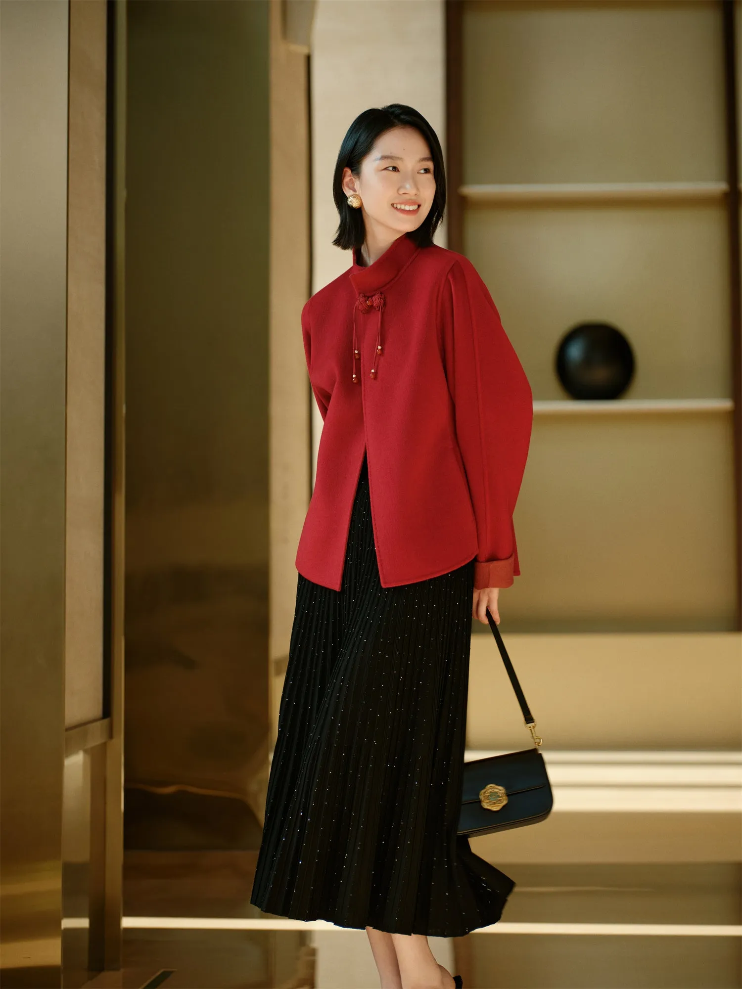 YAYING Stand Collar Frog Button Short Coat